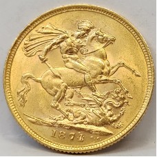 AUSTRALIA 1874 . ONE 1 SOVEREIGN . SYDNEY . GOLD . MINOR BAG MARKS